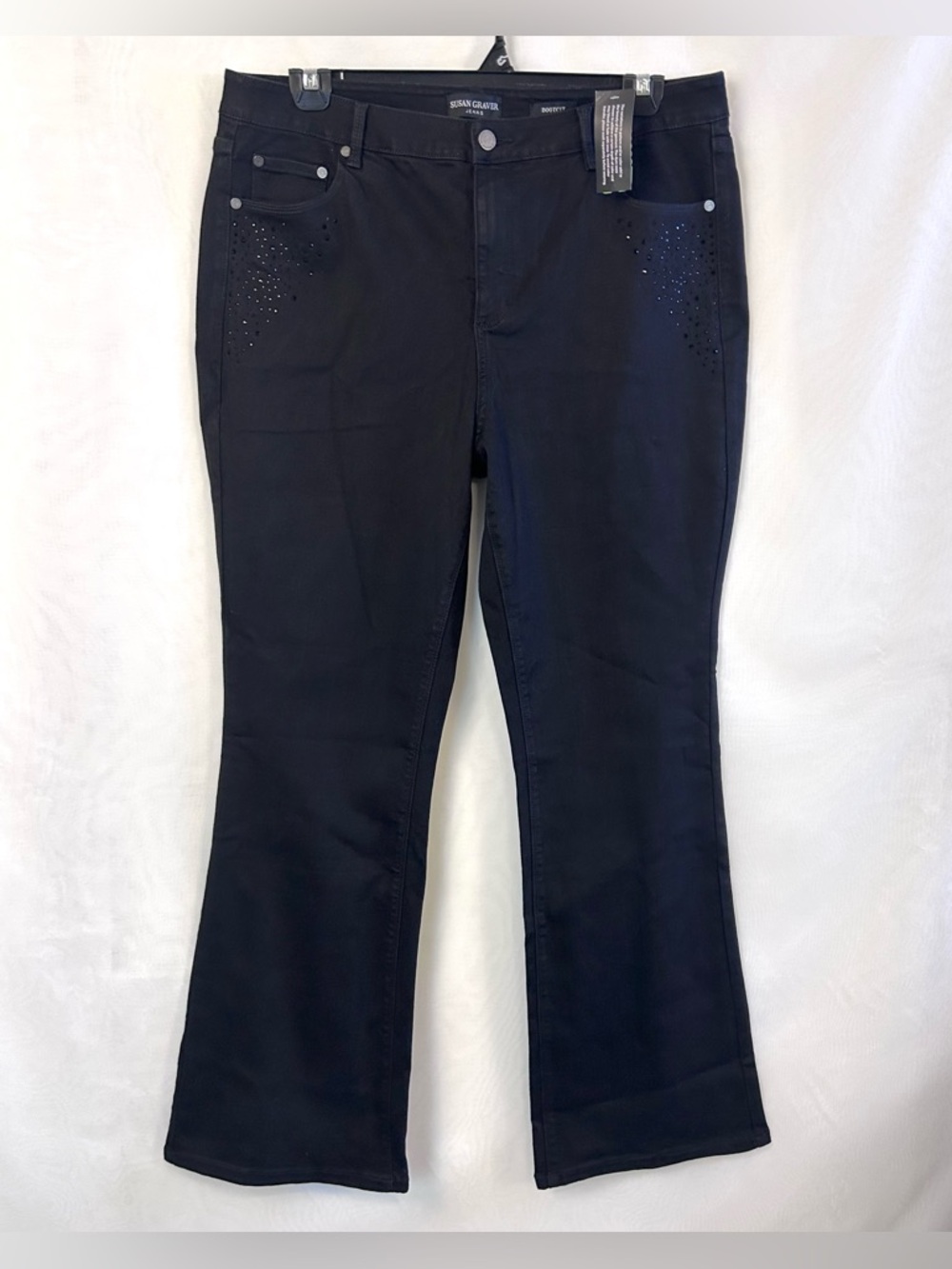 NWT Susan Graver Rhinestone Embellished Pockets Black Stretch Bootcut Jeans 18W